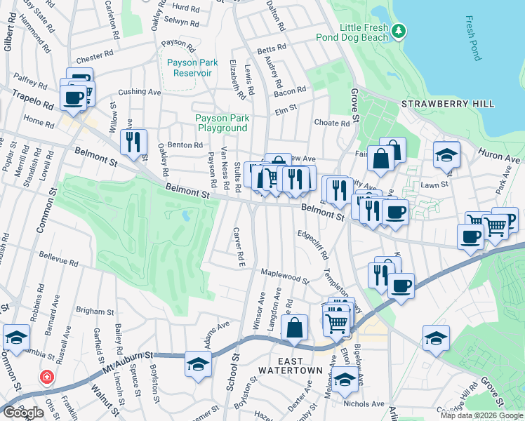 map of restaurants, bars, coffee shops, grocery stores, and more near 165 Winsor Avenue in Watertown