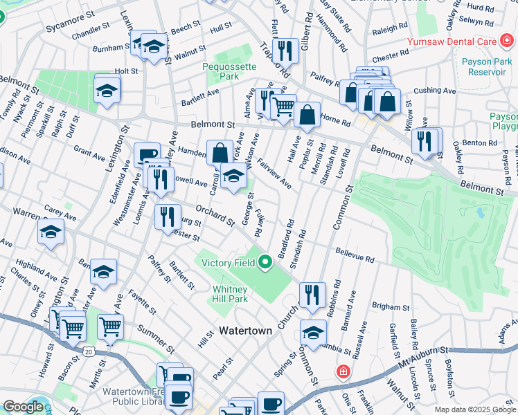 map of restaurants, bars, coffee shops, grocery stores, and more near 50 Fuller Road in Watertown