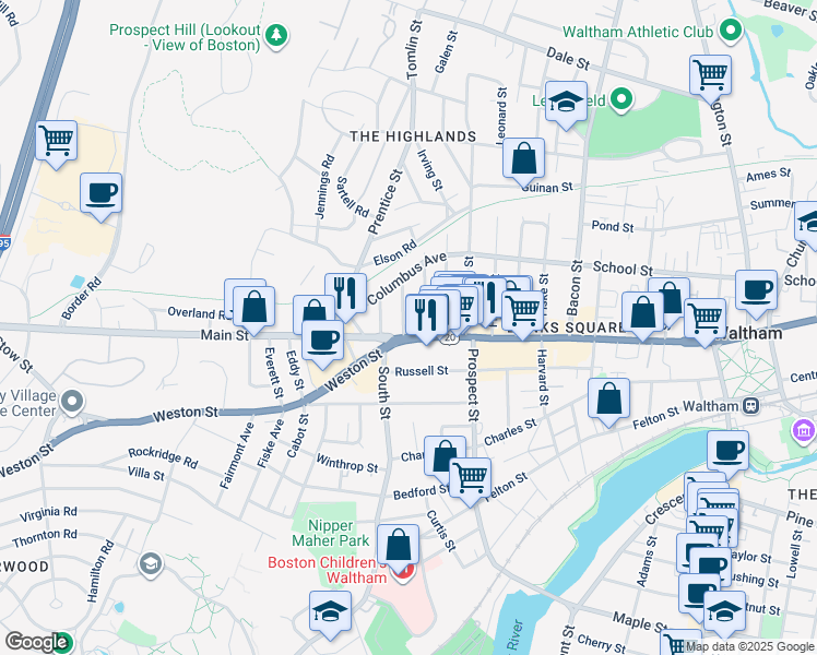 map of restaurants, bars, coffee shops, grocery stores, and more near 933 Main Street in Waltham
