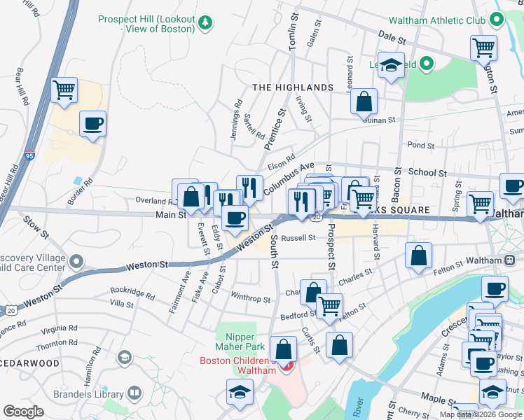 map of restaurants, bars, coffee shops, grocery stores, and more near 987 Main Street in Waltham