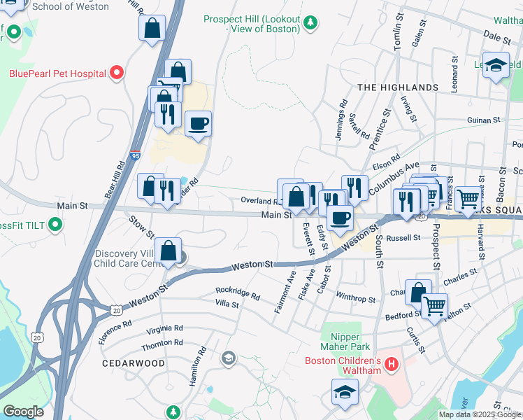 map of restaurants, bars, coffee shops, grocery stores, and more near in Waltham