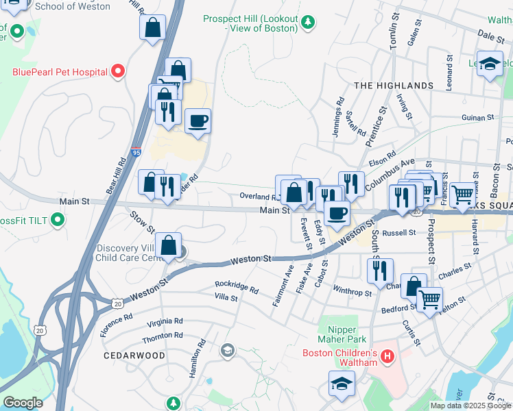 map of restaurants, bars, coffee shops, grocery stores, and more near in Waltham