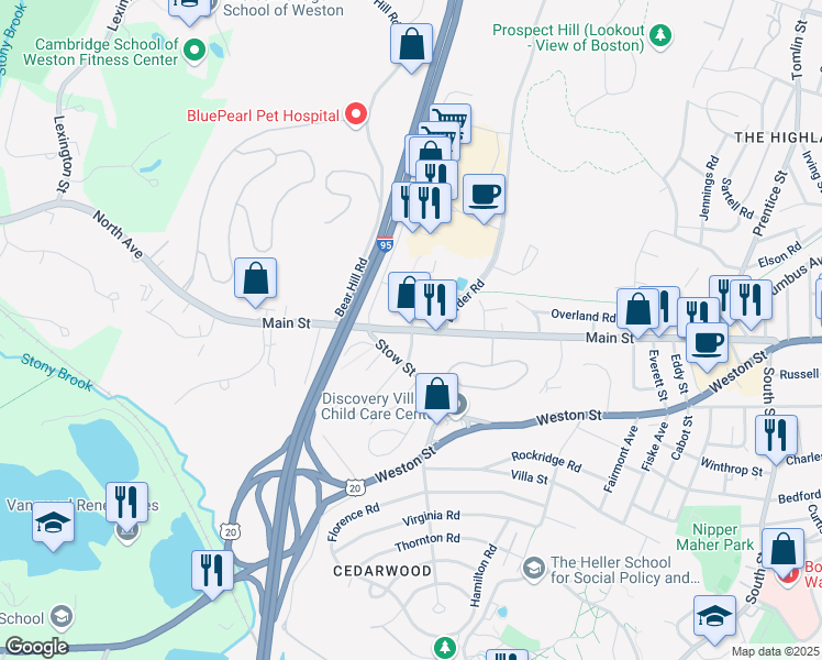 map of restaurants, bars, coffee shops, grocery stores, and more near 1254 Main Street in Waltham
