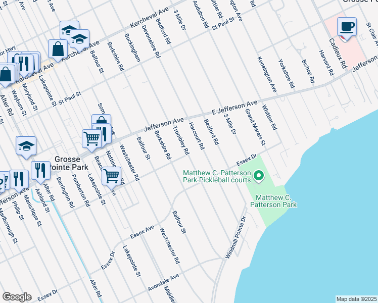 map of restaurants, bars, coffee shops, grocery stores, and more near 905 Trombley Road in Grosse Pointe Park