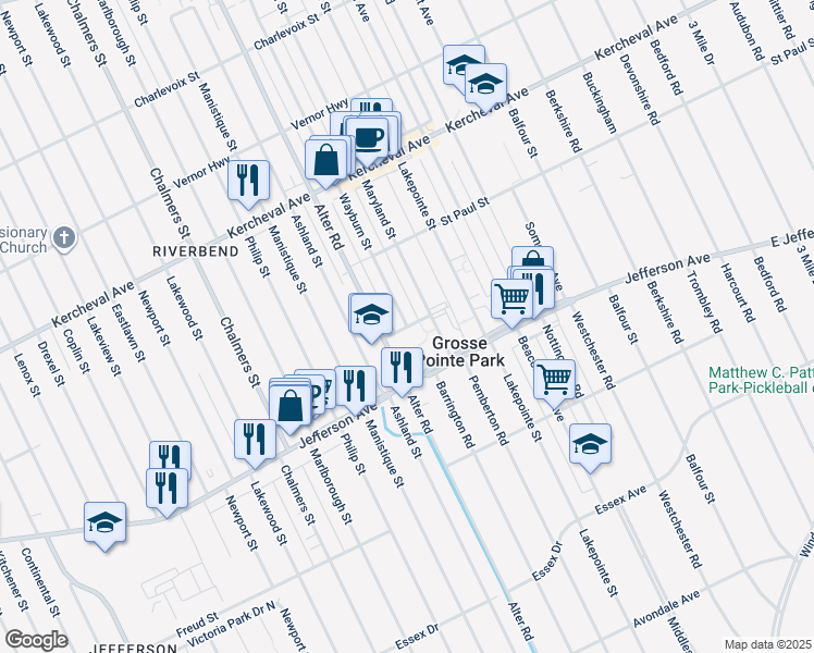 map of restaurants, bars, coffee shops, grocery stores, and more near 14939 Hampton Street in Grosse Pointe Park
