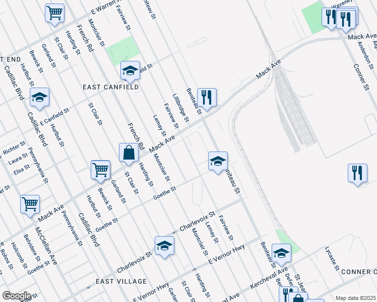 map of restaurants, bars, coffee shops, grocery stores, and more near 3523 Fairview Street in Detroit