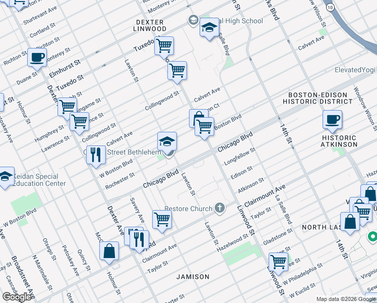 map of restaurants, bars, coffee shops, grocery stores, and more near 2715 Rochester Street in Detroit