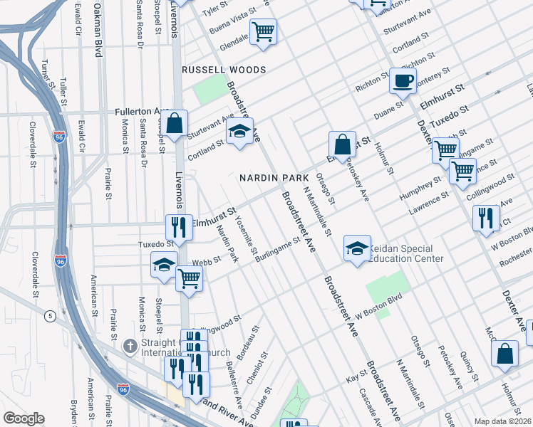 map of restaurants, bars, coffee shops, grocery stores, and more near 11722 Yellowstone Street in Detroit