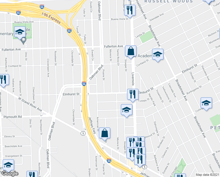 map of restaurants, bars, coffee shops, grocery stores, and more near 12000 Monica Street in Detroit