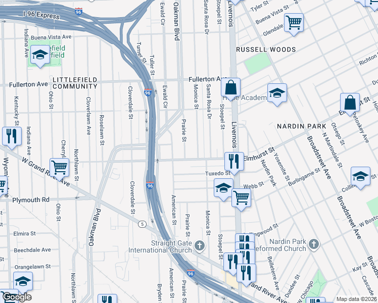 map of restaurants, bars, coffee shops, grocery stores, and more near 12019 Prairie Street in Detroit
