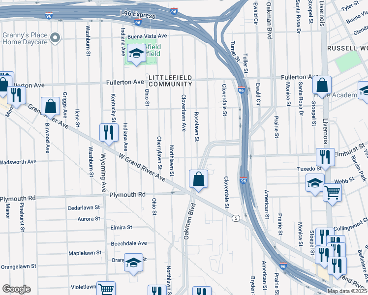 map of restaurants, bars, coffee shops, grocery stores, and more near 12034 Cloverlawn Avenue in Detroit