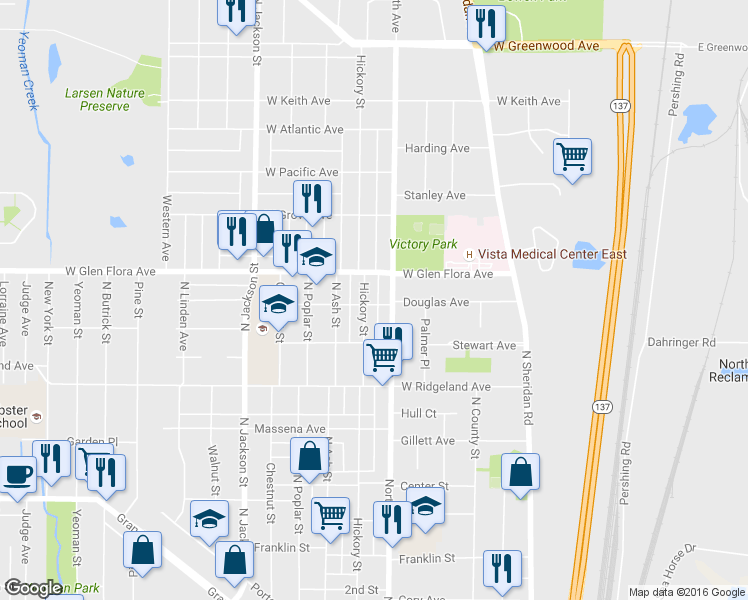 map of restaurants, bars, coffee shops, grocery stores, and more near 522 Douglas Avenue in Waukegan