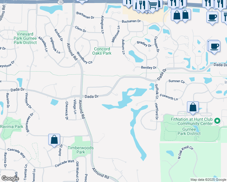 map of restaurants, bars, coffee shops, grocery stores, and more near 1135 Tyme Court in Gurnee
