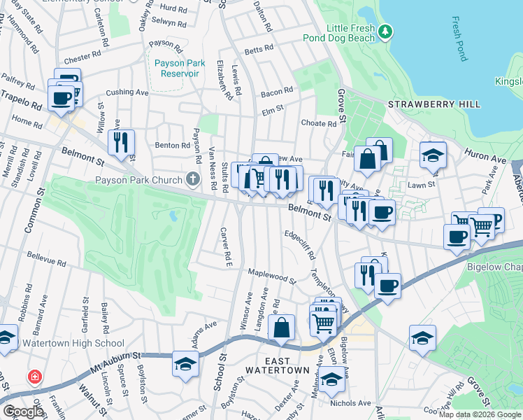 map of restaurants, bars, coffee shops, grocery stores, and more near 276 Belmont Street in Watertown
