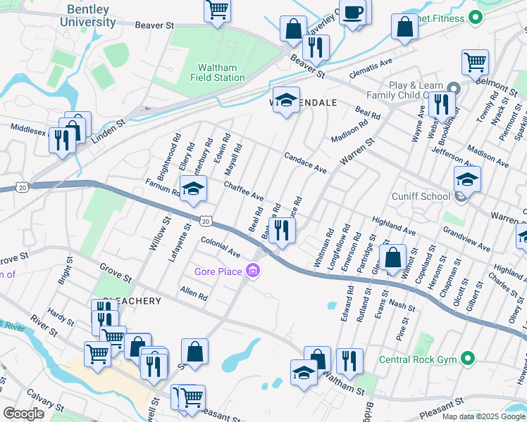 map of restaurants, bars, coffee shops, grocery stores, and more near 37 Beal Road in Waltham