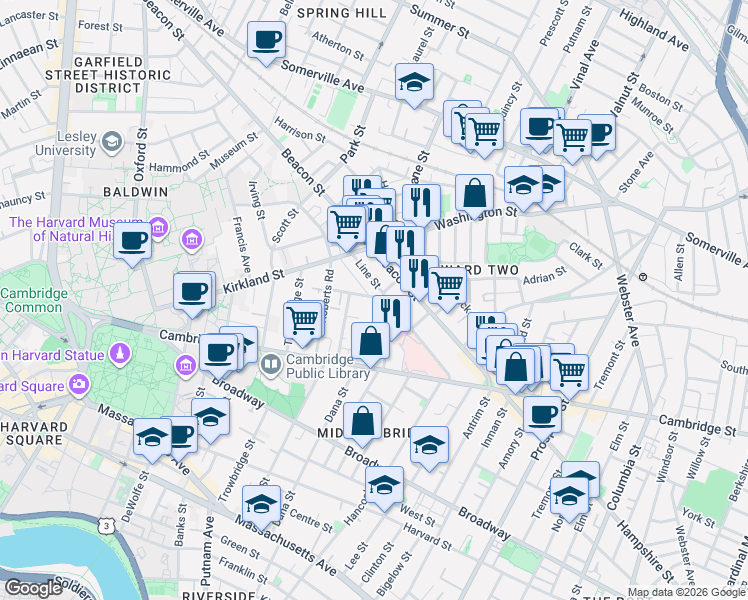 map of restaurants, bars, coffee shops, grocery stores, and more near 39 Magnolia Avenue in Cambridge