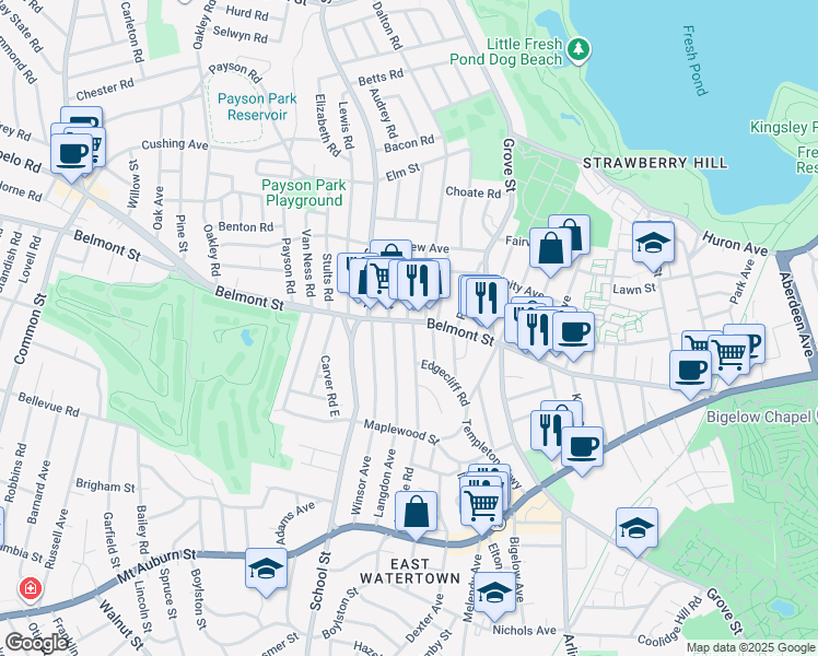 map of restaurants, bars, coffee shops, grocery stores, and more near 258 Belmont Street in Watertown