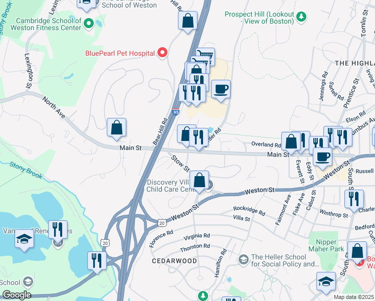 map of restaurants, bars, coffee shops, grocery stores, and more near 1265 Main Street in Waltham