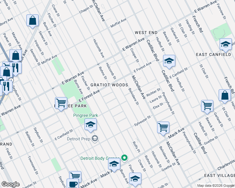 map of restaurants, bars, coffee shops, grocery stores, and more near 4522 Rohns Street in Detroit