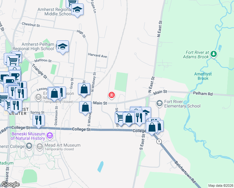 map of restaurants, bars, coffee shops, grocery stores, and more near 44 Salem Place in Amherst
