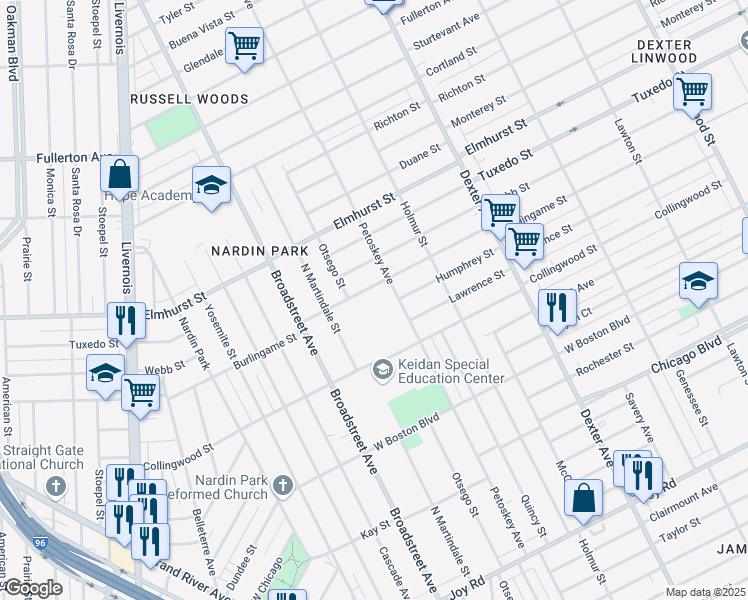 map of restaurants, bars, coffee shops, grocery stores, and more near 4241 Burlingame Street in Detroit