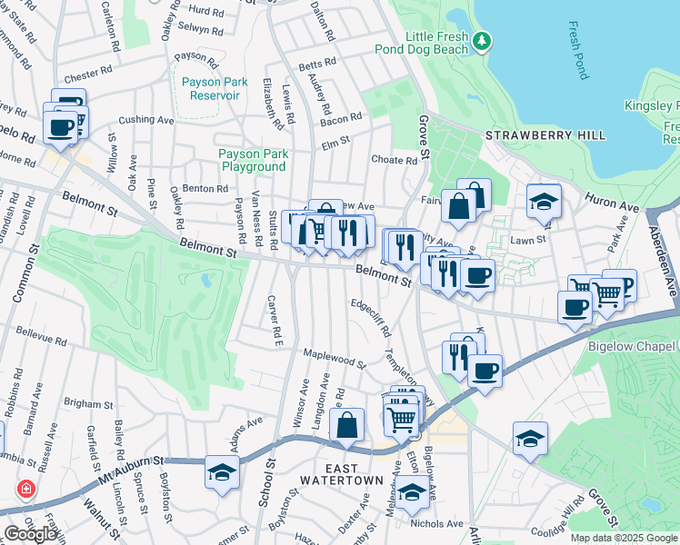 map of restaurants, bars, coffee shops, grocery stores, and more near 260 Belmont Street in Watertown