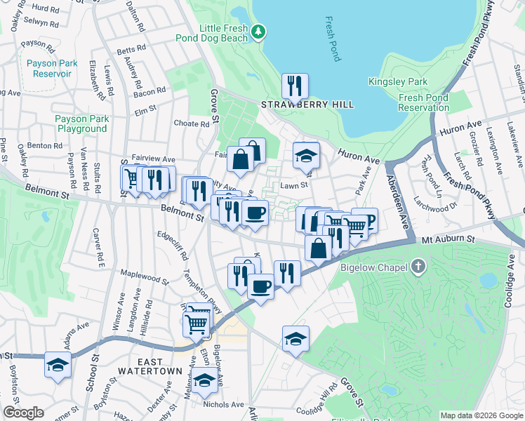 map of restaurants, bars, coffee shops, grocery stores, and more near 24 Exeter Street in Belmont