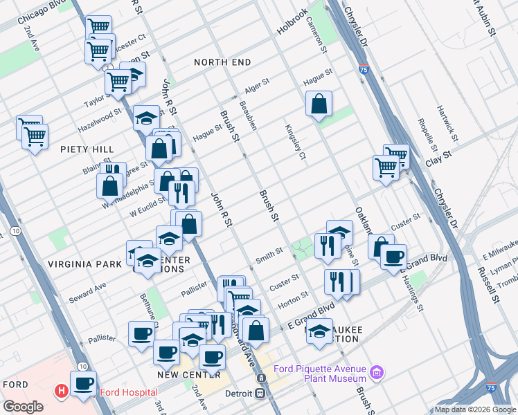 map of restaurants, bars, coffee shops, grocery stores, and more near 271 Marston Street in Detroit