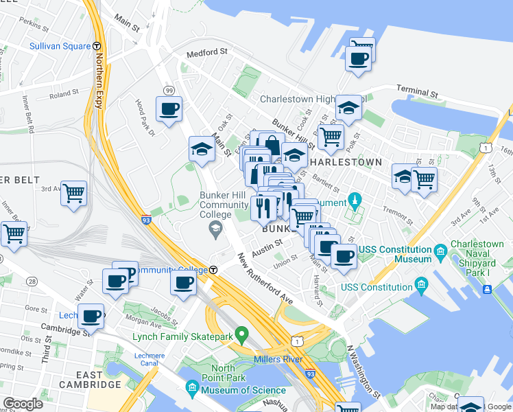 map of restaurants, bars, coffee shops, grocery stores, and more near 77 Lawrence Street in Boston