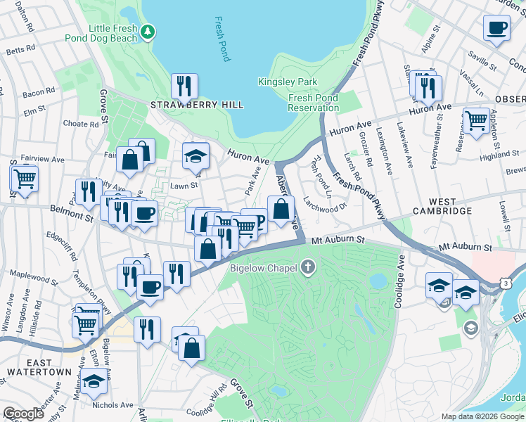 map of restaurants, bars, coffee shops, grocery stores, and more near 47 Homer Avenue in Cambridge