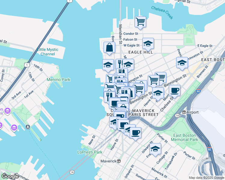 map of restaurants, bars, coffee shops, grocery stores, and more near 246 Border Street in Boston