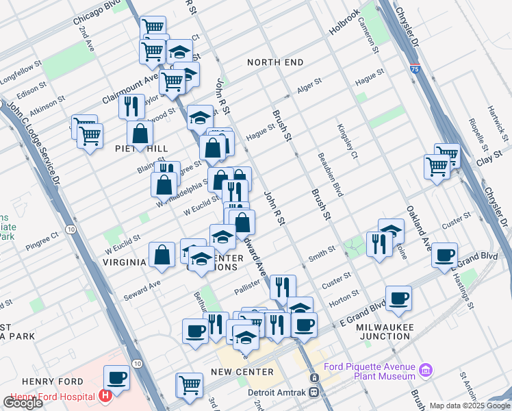 map of restaurants, bars, coffee shops, grocery stores, and more near 66 Melbourne Street in Detroit