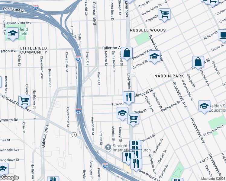 map of restaurants, bars, coffee shops, grocery stores, and more near 12033 Santa Rosa Drive in Detroit