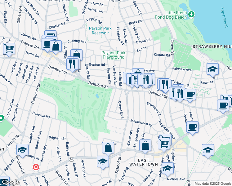 map of restaurants, bars, coffee shops, grocery stores, and more near 21 Commonwealth Road in Watertown
