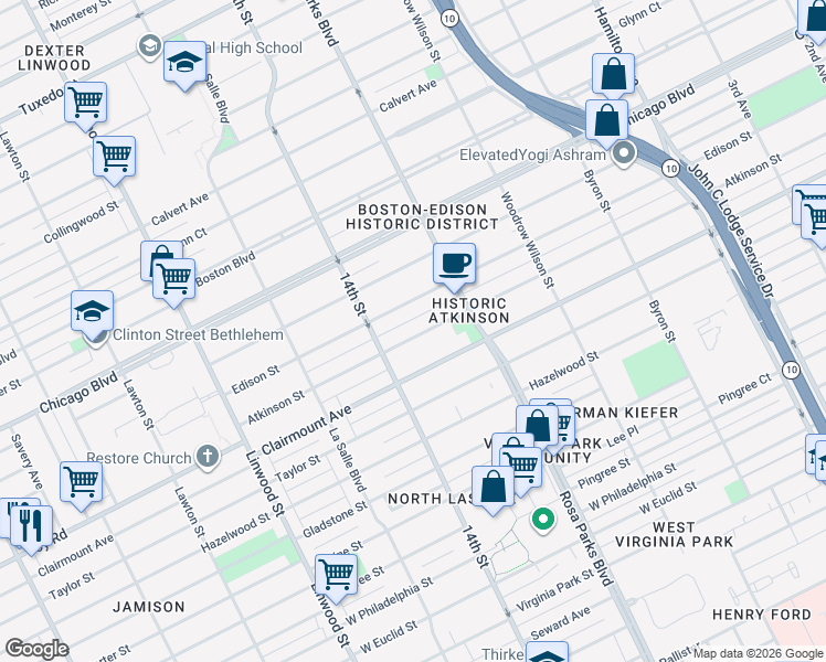 map of restaurants, bars, coffee shops, grocery stores, and more near 2066 Atkinson Street in Detroit
