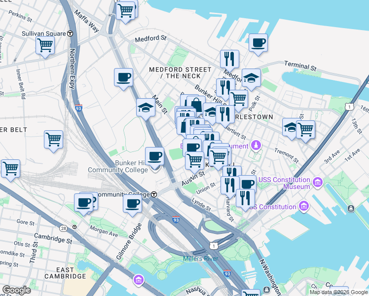 map of restaurants, bars, coffee shops, grocery stores, and more near 77 Lawrence Street in Boston