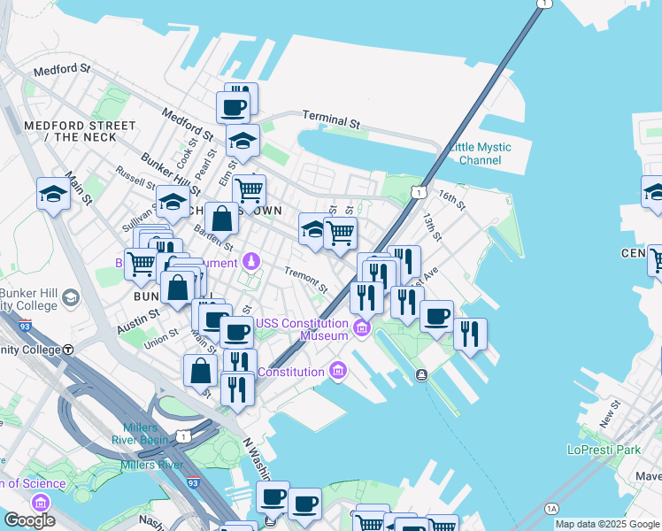 map of restaurants, bars, coffee shops, grocery stores, and more near 50 Bunker Hill Street in Boston