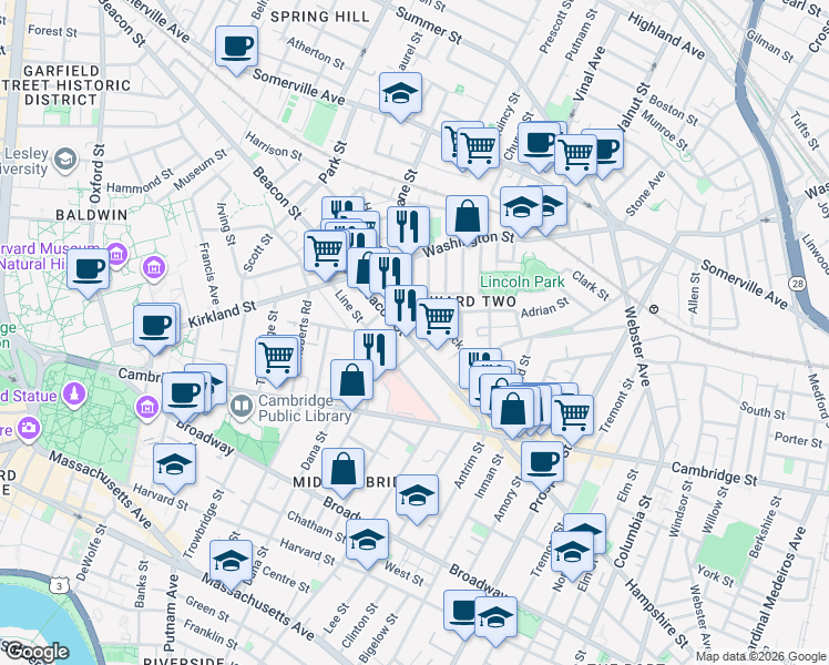 map of restaurants, bars, coffee shops, grocery stores, and more near 73 Beacon Street in Somerville