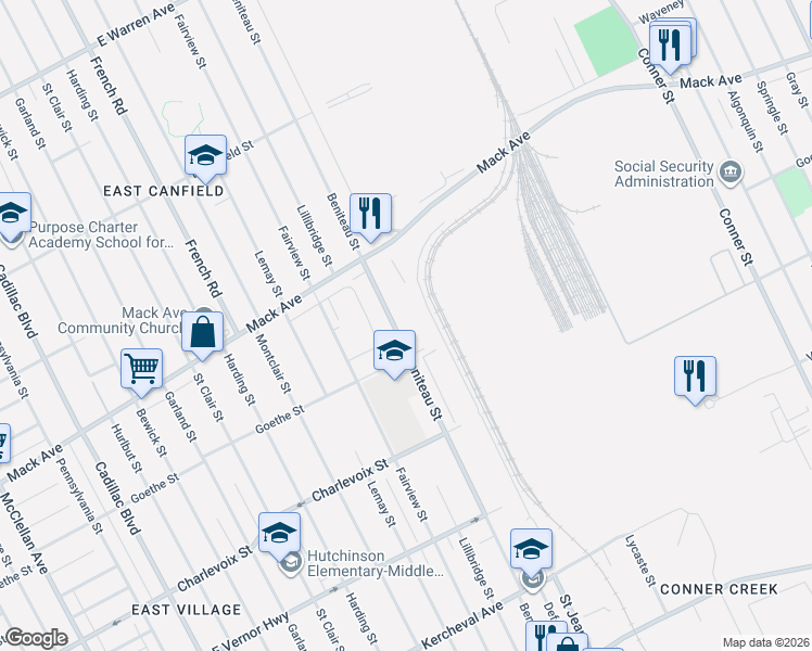 map of restaurants, bars, coffee shops, grocery stores, and more near 3431 Beniteau Street in Detroit