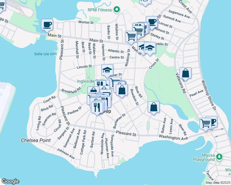 map of restaurants, bars, coffee shops, grocery stores, and more near 226 Winthrop Street in Winthrop