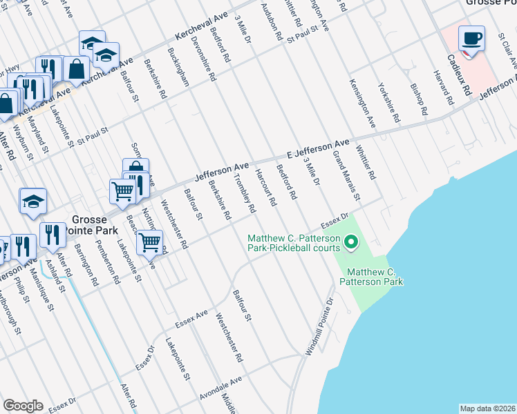 map of restaurants, bars, coffee shops, grocery stores, and more near 905 Trombley Road in Grosse Pointe Park