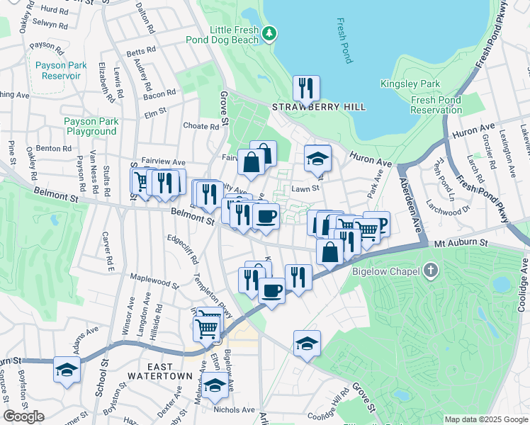map of restaurants, bars, coffee shops, grocery stores, and more near 24 Exeter Street in Belmont