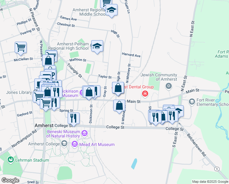 map of restaurants, bars, coffee shops, grocery stores, and more near 22 High Street in Amherst