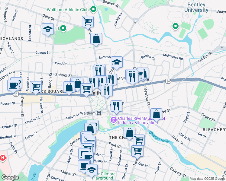 map of restaurants, bars, coffee shops, grocery stores, and more near 564 Main St in Waltham