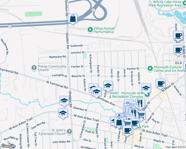 map of restaurants, bars, coffee shops, grocery stores, and more near 402 North Evergreen Street in Plymouth