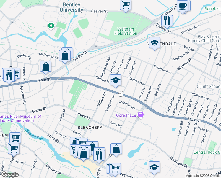 map of restaurants, bars, coffee shops, grocery stores, and more near 189 Main Street in Waltham