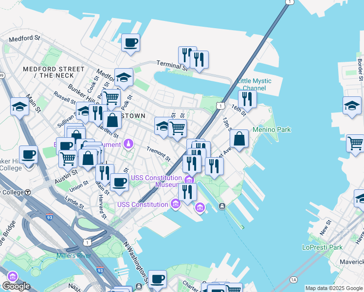 map of restaurants, bars, coffee shops, grocery stores, and more near 20 Vine Street in Boston