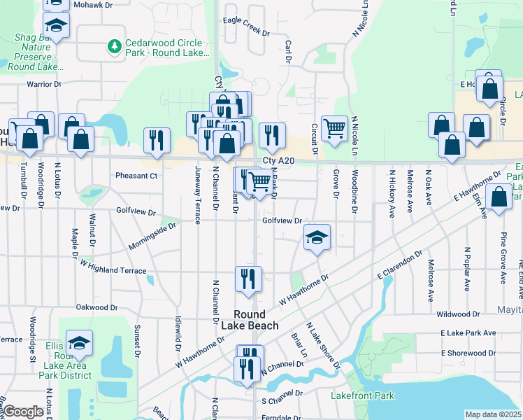 map of restaurants, bars, coffee shops, grocery stores, and more near 1522 North Park Drive in Round Lake Beach