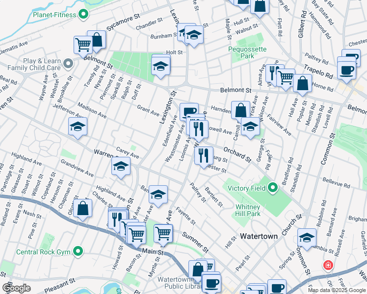 map of restaurants, bars, coffee shops, grocery stores, and more near 31 Gertrude Street in Watertown
