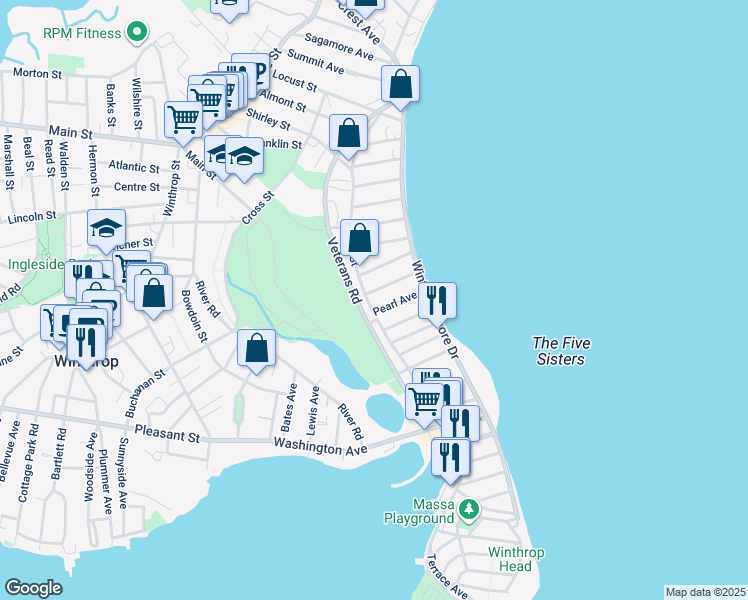 map of restaurants, bars, coffee shops, grocery stores, and more near 313 Shirley Street in Winthrop